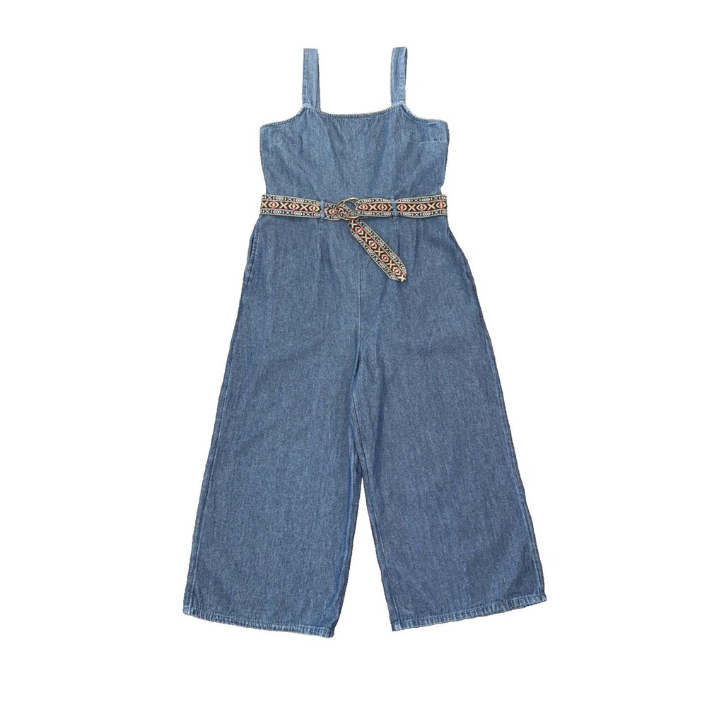 American Eagle Chambray Denim Cropped Wide Leg Square Neck Jumpsuit Size 10 - Picture 2 of 15